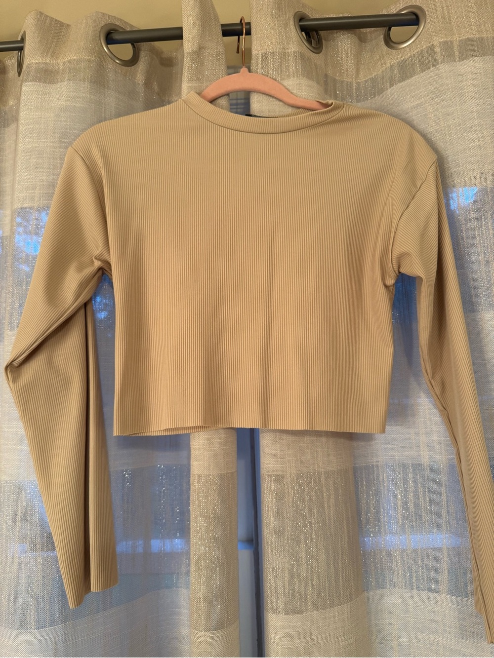 PrettyLittleThing Beige Ribbed Long Sleeve Cropped Top